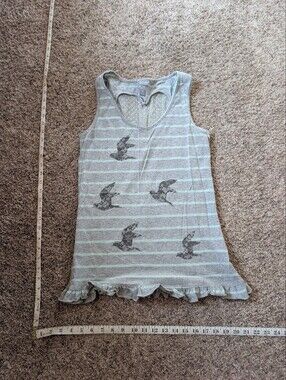 Vanity Light Gray and Mint Striped Ruffle Hem Tank Top with Bird Print